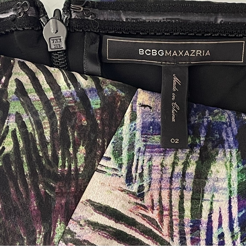 BCBGMaxazria Tae Strapless Silk Maxi Dress 2 Black Peacock Print Sweetheart Gown - Picture 9 of 10